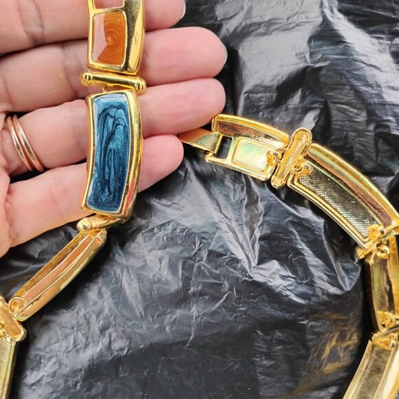 Enamel Multicolor Gold Accents Rectangular Shapes Necklace Chocker - Picture 7 of 11